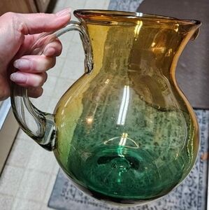 Beautiful Hand Blown Yellow Green Glass Margarita Pitcher w Applied Handle